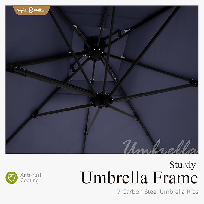 Sophia & William 12ft Cantilever Patio Umbrella with Base, Large Rectangular Umbrellas with 360-degree Rotation, Aluminum Pole for Garden Pool Backyard, Navy Blue