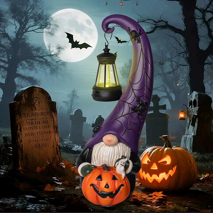 Halloween Decorations Garden Gnomes Statue Holding Pumpkins Decor Funny Gnome Figurines with Solar Light Halloween Party Decorations for Garden Porch Yard Lawn