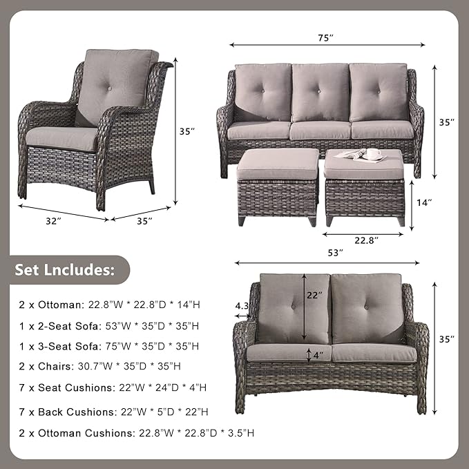 Rilyson Wicker Patio Furniture Set - 6 Piece Rattan Outdoor Sectional Conversation Sets with 1 Sofa,1 Loveseat,2 Armrest Chairs and 2 Ottomans for Porch Deck Garden(Mixed Grey/Grey)