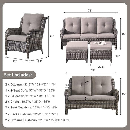 Rilyson Wicker Patio Furniture Set - 6 Piece Rattan Outdoor Sectional Conversation Sets with 1 Sofa,1 Loveseat,2 Armrest Chairs and 2 Ottomans for Porch Deck Garden(Mixed Grey/Grey)