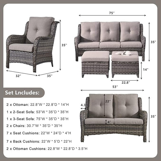 Rilyson Wicker Patio Furniture Set - 6 Piece Rattan Outdoor Sectional Conversation Sets with 1 Sofa,1 Loveseat,2 Armrest Chairs and 2 Ottomans for Porch Deck Garden(Mixed Grey/Grey)