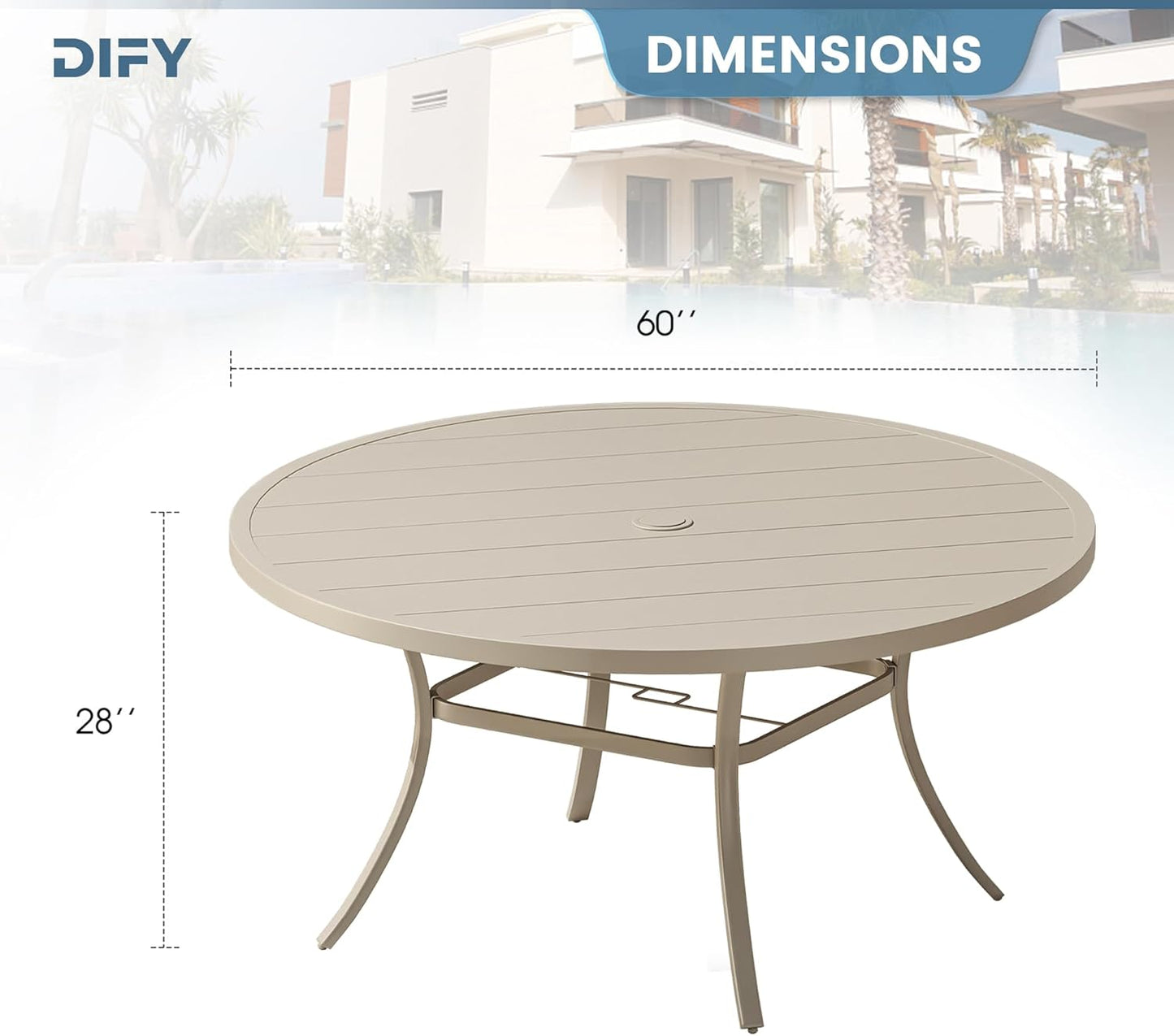 DIFY 60" Round Outdoor Patio Dining Table for 8-10, Metal Patio Table with 1.57" Adjustable Umbrella Hole, All-Weather Dining Furniture Table for Backyard Lawn Garden, Cream