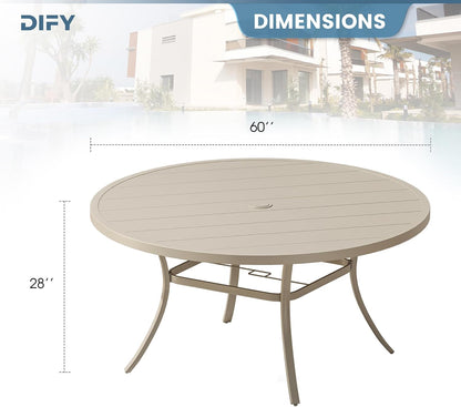DIFY 60" Round Outdoor Patio Dining Table for 8-10, Metal Patio Table with 1.57" Adjustable Umbrella Hole, All-Weather Dining Furniture Table for Backyard Lawn Garden, Cream