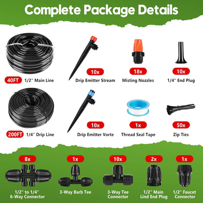 240FT Drip Irrigation System for Garden, 2025 Upgraded Quick-Connect Automatic Garden Watering System with 1/2" & 1/4" Tubing and Adjustable Nozzle Emitters for Greenhouse, Yard, Lawn, Raised Bed
