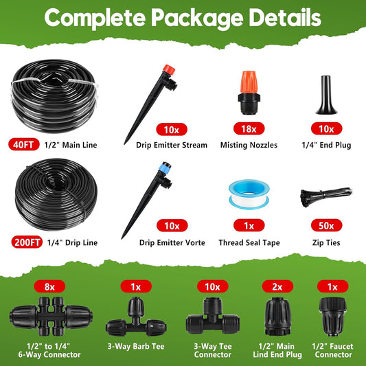 240FT Drip Irrigation System for Garden, 2025 Upgraded Quick-Connect Automatic Garden Watering System with 1/2" & 1/4" Tubing and Adjustable Nozzle Emitters for Greenhouse, Yard, Lawn, Raised Bed