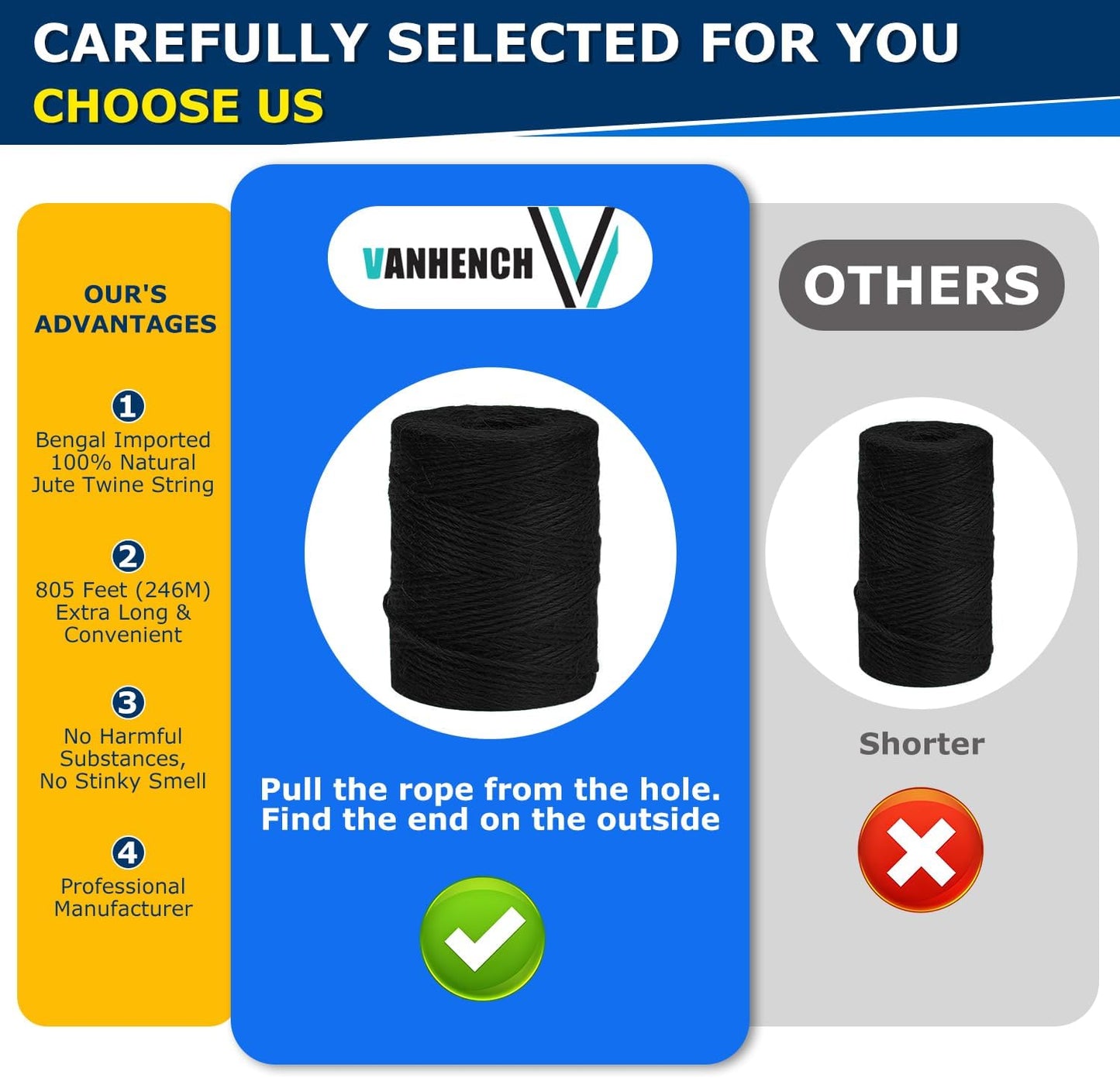 Vanhench 805ft Black Twine String, Black Hemp Jute Rope Cord Twine for Christmas Decorations, Arts & Crafts, Gift Wrapping, String for Bracelets, Art Decoration Packing Material