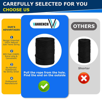 Vanhench 805ft Black Twine String, Black Hemp Jute Rope Cord Twine for Christmas Decorations, Arts & Crafts, Gift Wrapping, String for Bracelets, Art Decoration Packing Material