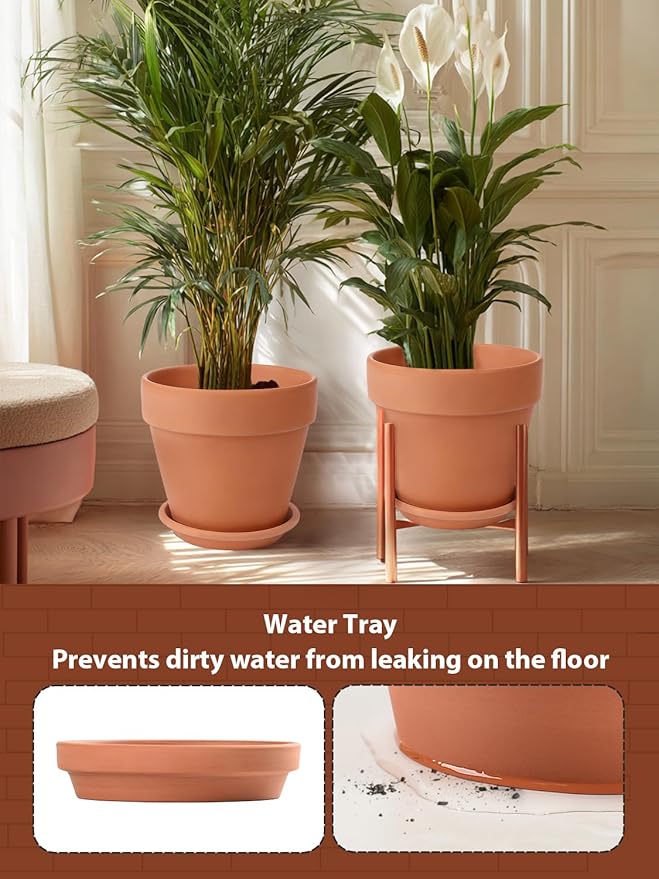 INGOFIN Terracotta Pot Set of 2 with Saucer - 10 Inch Ceramic Clay Pot for Plants with Drainage Hole, Large Terra Cotta Flower Planter with Tray for Indoor Outdoor Plants