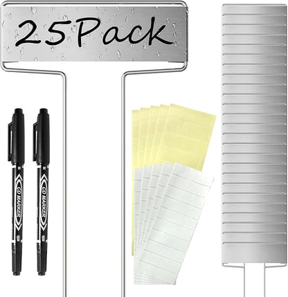 25PCS Silver Metal Plant Tags Plant Labels with 50Pcs Labels, Rainproof PET Film & 2 Permanent Pen, 6.1 inch Weatherproof Banner Garden Markers, Marking Protection Seedling Signs Nursery Tags