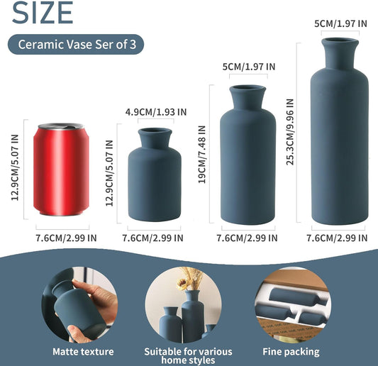 Ceramic Vase Set of 3, Neutral Modern Vases Home Decor Boho Vase Farmhouse Decor Flowers Pampas Vases for Table Mantel Entryway Shelf Living Room Kitchen Bathroom - Navy Blue