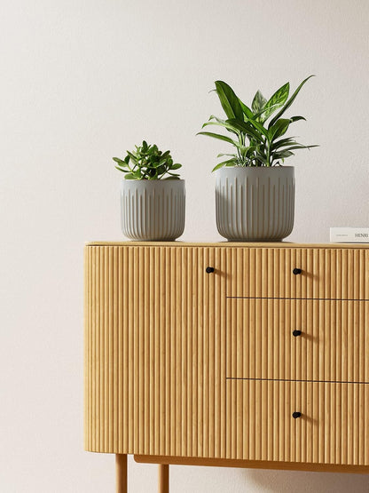 LE TAUCI Fluted Ceramic Planters Set of 3 – 8.3/7 / 5.7 in Blue Gray Reactive Cylinder Indoor Plant Pots with Drainage Plug & Mesh, Glossy Stoneware Flower Pots for Succulents Herbs