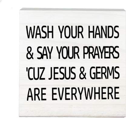 Wash Your Hands And Say Your Prayers Wooden Sign-Funny White Block Plaque Desk Decoration-5x5 inches Rustic Wood Block Gifts For Friends Family Christian-Home Bathroom Tabletop Favors & Supplies-A04