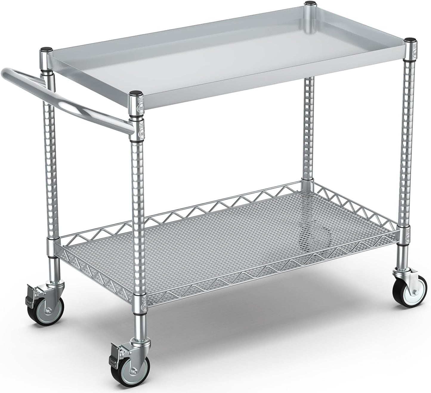 Leteuke 2 Tier Utility Tool Cart with Wheels, 900LBS Capacity Heavy Duty Rolling Utility Carts with Handle, Commercial Grade Metal Serving Storage Cart for Warehouse Garage Kitchen,Silver
