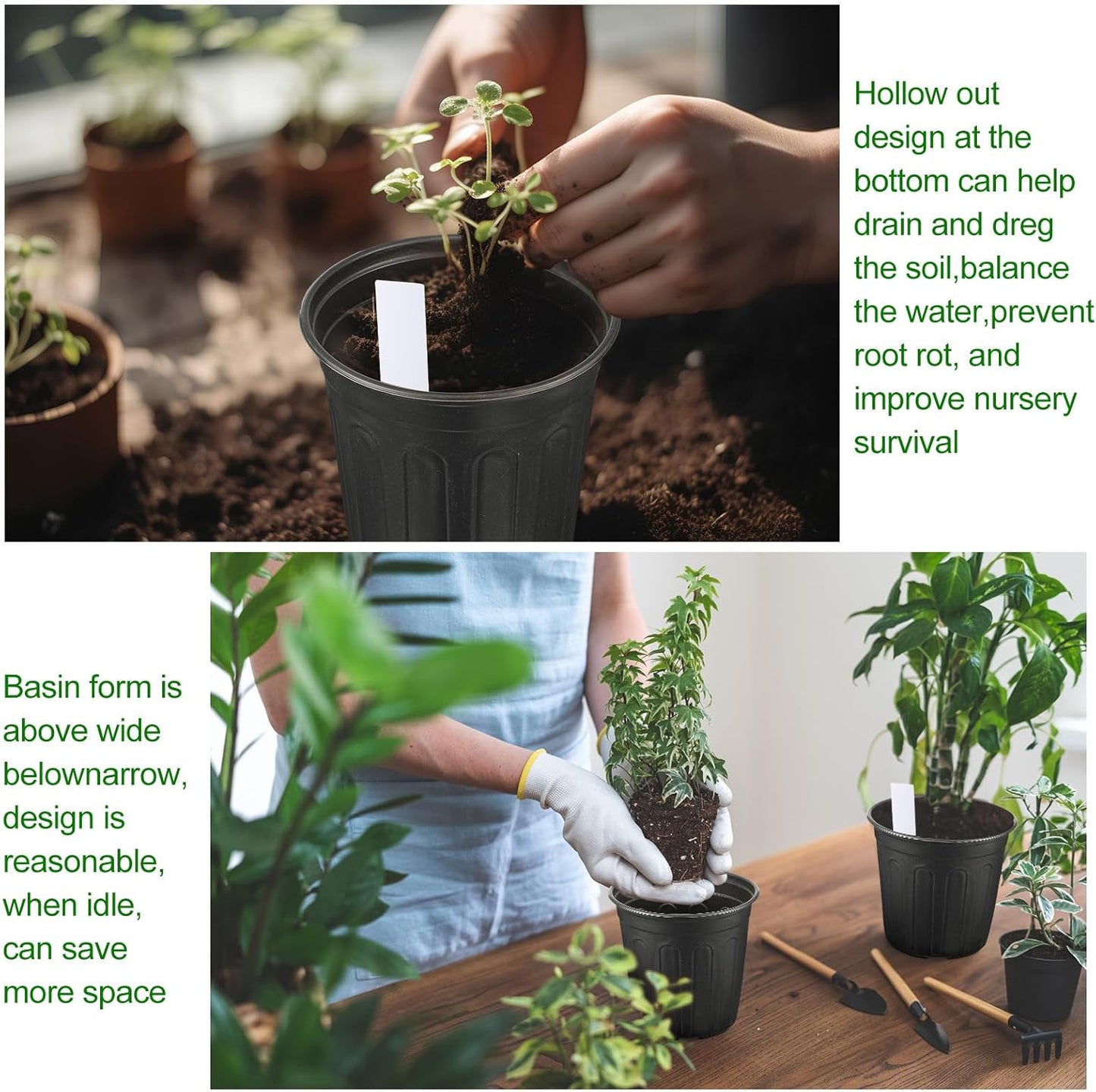 Tioncy 150 Pieces 6.5'' Plastic Seedling Pots Flexible 1 Gallon Nursery Pots with 150 Plant Labels Transplanting Soft Plastic Planters with Drainage Gardening Seed Starting Container