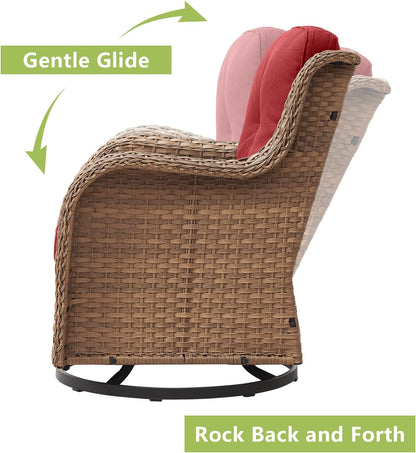 Outdoor Wicker Patio Furniture Set - 5 Piece Rattan Patio Conversation Set with 2 Rocking Swivel Chairs,2 Ottomans and 1 Loveseat for Porch Deck Backyard Garden(Yellow/Red)