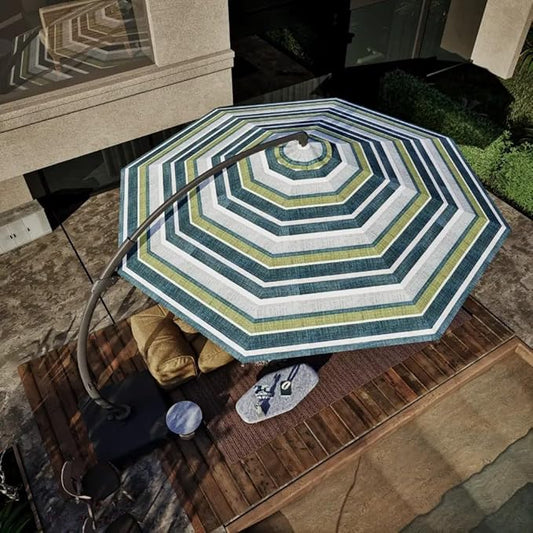 Acrylic Fabric 11FT Cantilever Umbrella with Base Large Curvy Outdoor Aluminum Offset Umbrella w/ 360° Rotation, UV Resistant Canopy for Patio, Garden, Backyard, Green Stripes