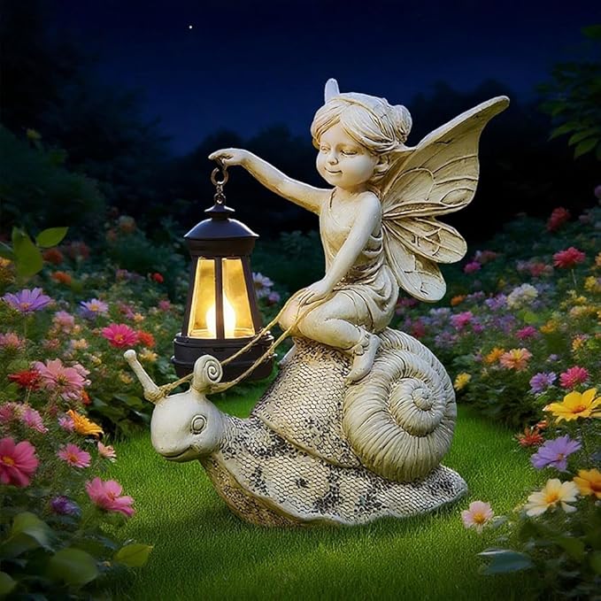 Solar Snail Statue Light, Outdoor Resin Solar Garden Sculpture, Fun Elf Riding Snail Fairy Tale Statue, Lawn, Patio Outdoor Unique Home Dcoration, Lady Gift!