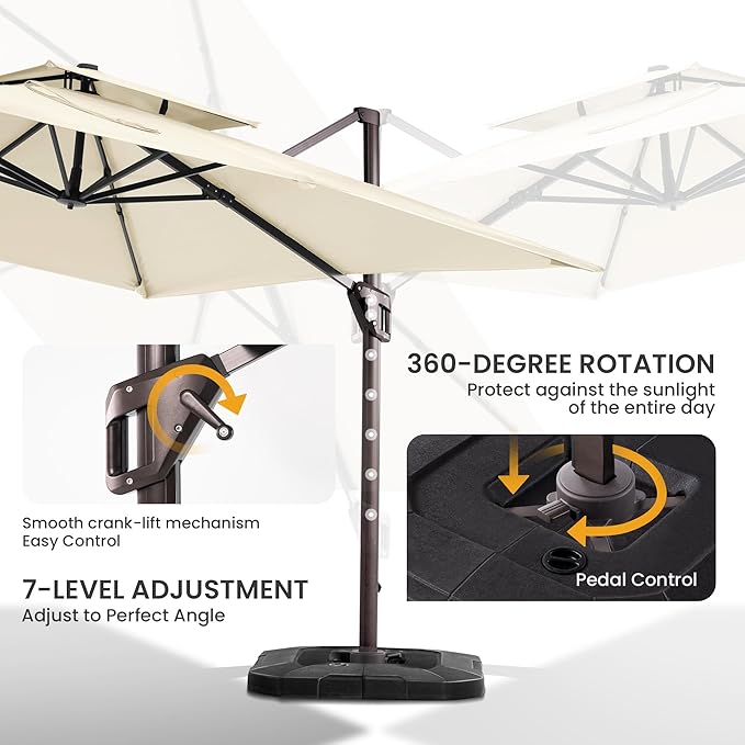 10x10 FT Cantilever Patio Umbrella with Base Included Double Top Outdoor Square Large Heavy Duty Aluminum Offset Umbrellas with 7 Level Tilt 360-degree Rotation for Pool Garden Deck,Beige