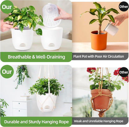 2-Pack 7.1-Inch Self-Watering Hanging Planters for Indoor & Outdoor Plants,34Inch Macrame Hanger Plant Pots Indoor with Drainage,Small Hanging Planters & Baskets,With Two Sets of Hooks（Pure white）