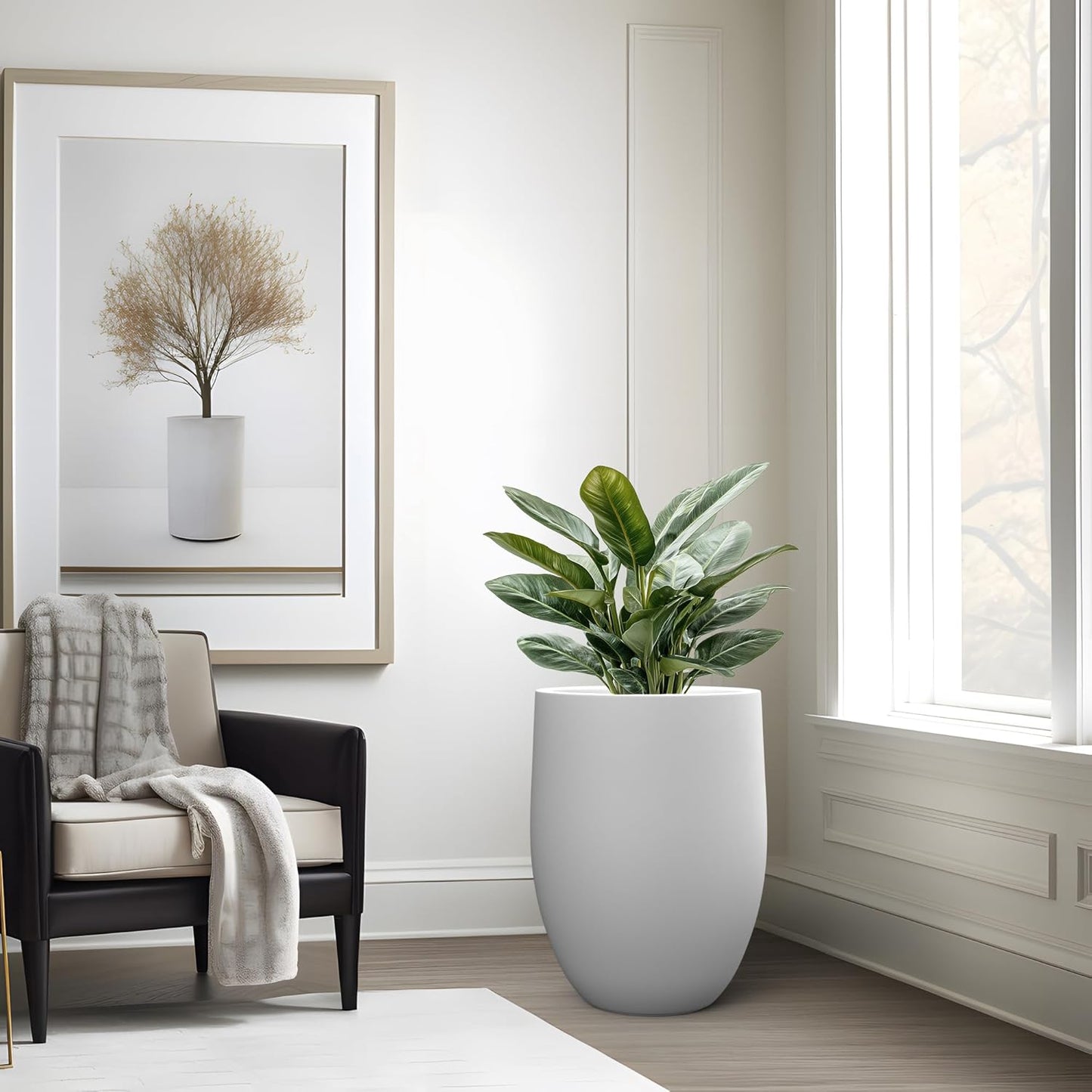 Kante Tall Concrete Planter, 21.7-Inch Height White Large Indoor Outdoor Plant Pot with Drainage Hole for Patio Garden Home, Modern Decor for Flowers and Tree