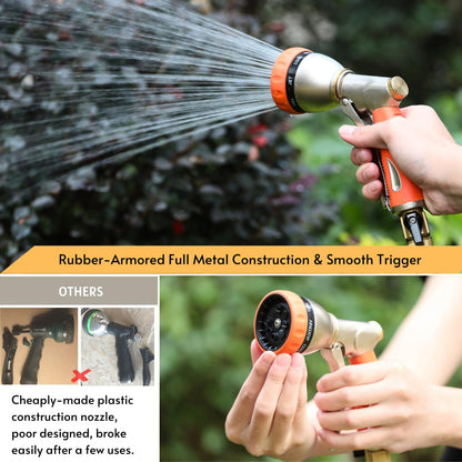 HOSUN Garden Hose Nozzle Sprayer Heavy Duty, 100% Metal Water Hose Nozzle with 8 Spray Patterns, High Pressure Hose Spray Nozzle with Non-Slip Grip for Watering Plant & Lawn, Washing Car & Pet, Orange