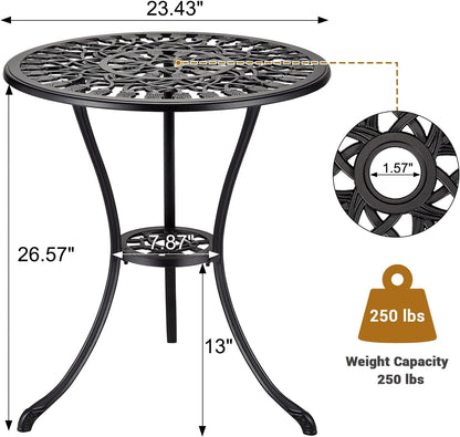 24" Outdoor Round Patio Bistro Table, Cast Aluminum Outdoor Cafe Table with 2 inch Umbrella Hole for Porch,Backyard,Garden, Tulip Pattern, Black