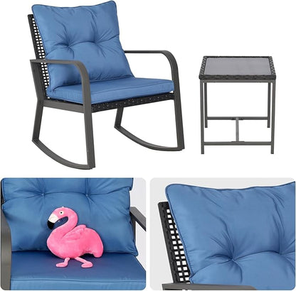 Bistro 3 Piece Patio Furniture Set, Patio Table and Rattan Outdoor Rocking Chairs Set of 2, Outdoor Bistro Conversation Set for Garden, Balcony, Poolside, Backyard, Blue