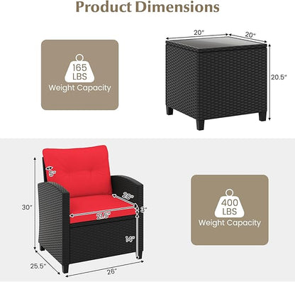 RELAX4LIFE 3-Piece Patio Furniture Set - Wicker Rattan Bistro Sofa Set w/Glass Top Coffee Table, Washable Cushions for Porch Balcony Backyard Poolside, Outdoor Furniture Conversation Set (Red)