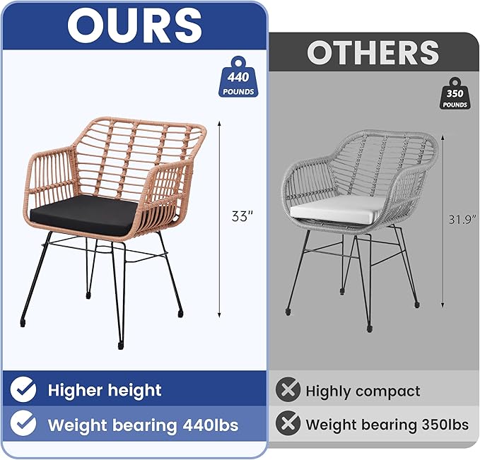 3 Piece Wicker Patio Bistro Furniture Set, Includes 2 Rattan Chairs and Glass Top Table, Ideal for Porch, Outdoor, Backyard, Apartment, Balcony, Natural