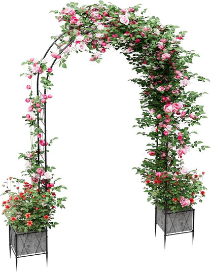 Garden Arch Arbor Trellis with Planter Boxes 8.2 Ft Metal Arch Trellis for Climbing Plants Outdoor, Wedding Arches Backdrop Stand for Ceremony, Halloween, Christmas, Decorations Pergola, Black