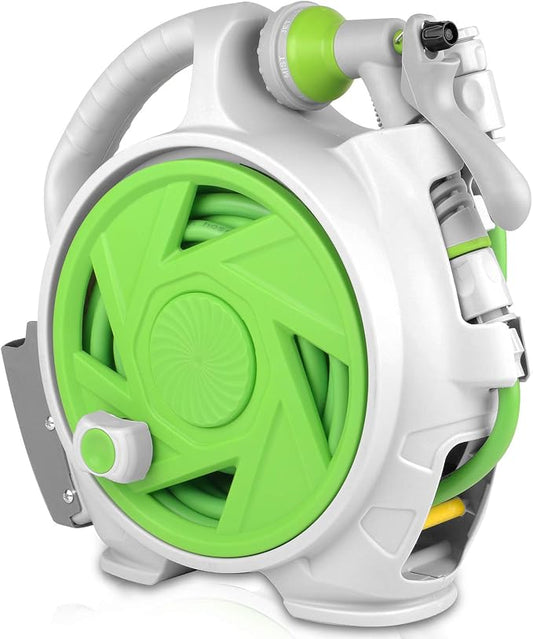 Garden Retractable Hose Reel, Portable Simple Home Hose Reel 45+5 FT with 7 Patterns Spray Nozzle, Wall Mounted and Any Length Lock for Garden Watering, Car Washing, Pet (Green)