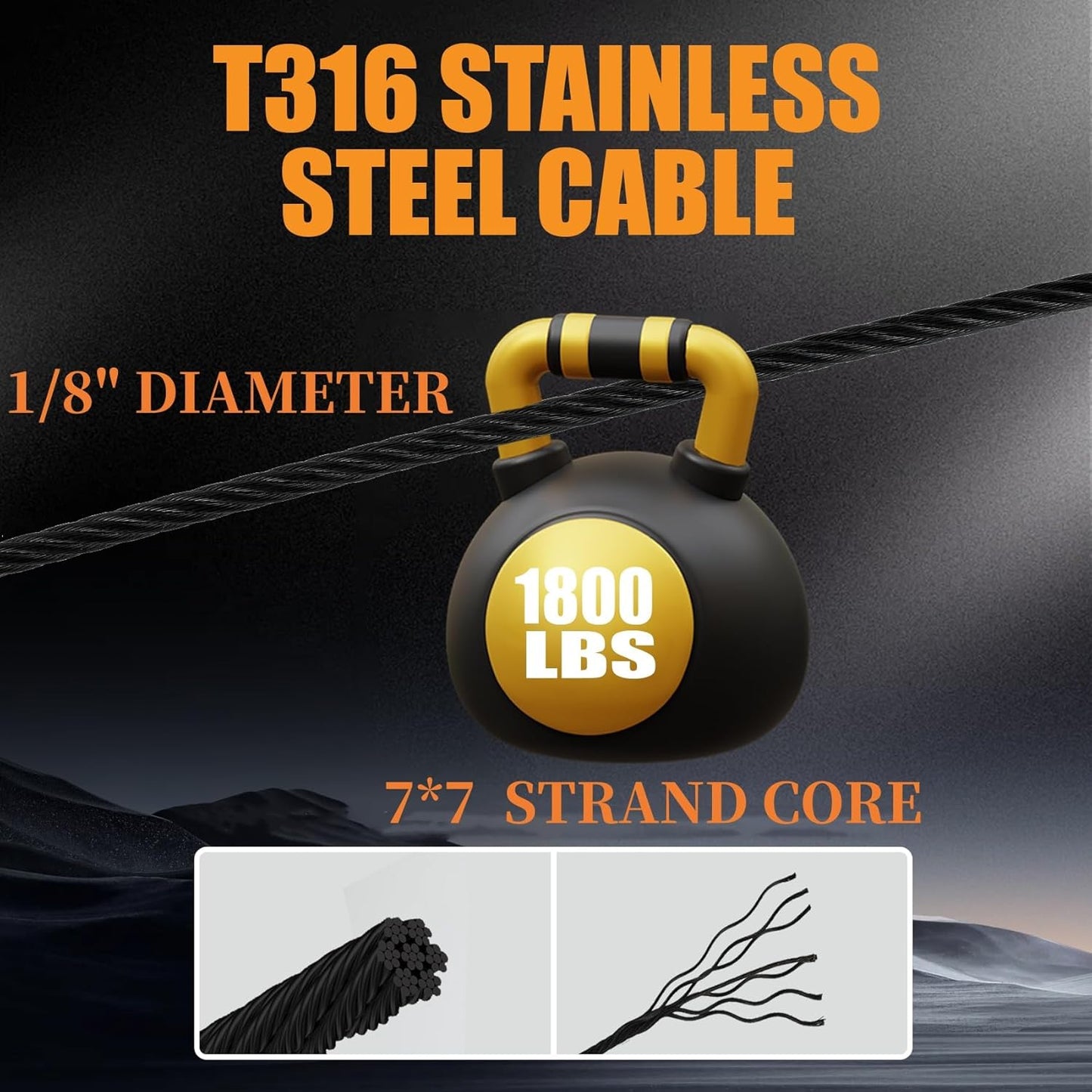 100FT 1/8" Stainless Steel Cable Black 7x7 Strands Aircraft Cable T316 Wire Rope with Cable Cutter 1800lbs Breaking Strength for Deck Cable Railing, Stair, Fence, DIY Balustrades