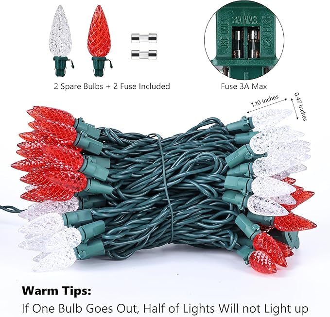 Brizled Red & White C5 Christmas Lights, 33ft 100 LED Christmas tree Lights, Connectable 120V UL Certified Faceted Christmas Lights Outdoor Indoor Xmas Lights for Christmas Tree Party Roof Decoration