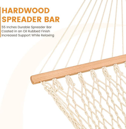 Lazy Daze Hammocks Double Rope Hammock, 2 Person Traditional Outdoor Hand Woven Cotton Rope Hammock with Spreader Bar, Chains, Tree Straps for Patio Yard - Max 450 Lbs, Natural