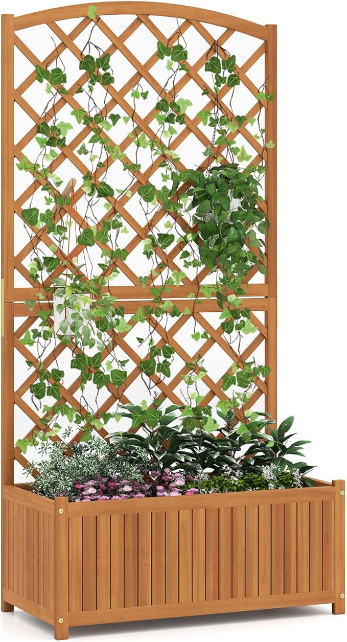 S AFSTAR Wooden Raised Garden Bed with Trellis, 63" Tall Planter Box with Drainage for Vines Climbing Plants Flowers Herbs, Elevated Gardening Planter for Backyard, Balcony & Patio
