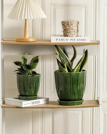 ADN Ceramic Planter - Large Plant Pot Geometric Design Flower Pot with Drainage Hole and Saucer for Outdoor Indoor Plants (Green, 8 in)