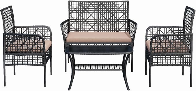 4-Piece Patio Furniture Set, Weather-Resistant Rattan Patio Conversation Set with Two-Tier Coffee Table, Upholstered Openwork Wicker Furniture for Porch, Garden, Lawn, Khaki