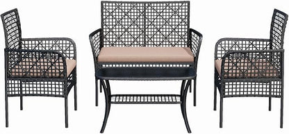 4-Piece Patio Furniture Set, Weather-Resistant Rattan Patio Conversation Set with Two-Tier Coffee Table, Upholstered Openwork Wicker Furniture for Porch, Garden, Lawn, Khaki