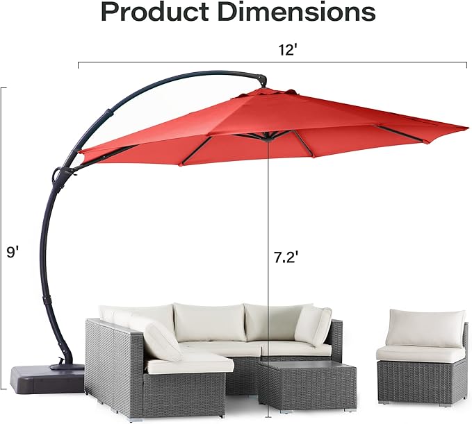 LAUSAINT HOME Outdoor Patio Umbrella with Base included, 12 FT Deluxe Curvy Cantilever Umbrella Heavy Duty Offset Hanging Umbrella with 360° Rotation for Market, Pool, Garden, Backyard, Deck (Red)