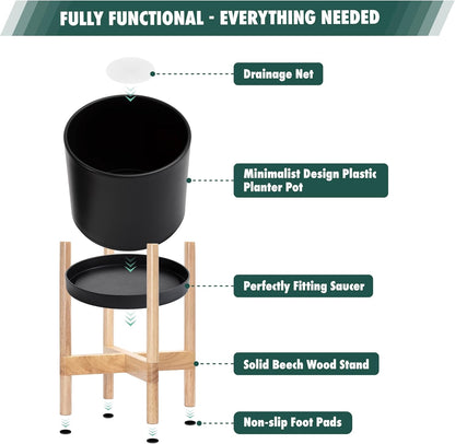 D'vine Dev Planter Pot with Stand - 8 Inch Plastic Cylinder Flower Pot with Wood Planter Holder for Indoor, Matte Black Pot + Natural Stand, 55-C-J-2