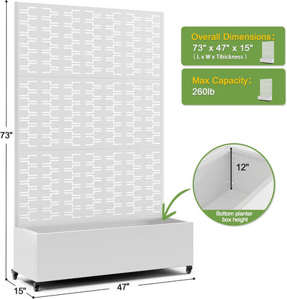 FENCY Metal Raised Garden Bed with Wheels and Trellis,73"x47"x16" Planter Box for Climbing Plants, Vegetables & Vines, Features Privacy Screen and Drainage Holes (White-Brick)