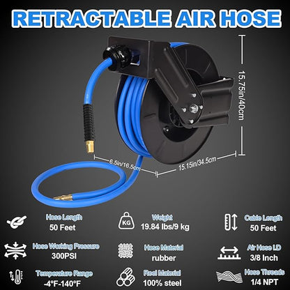 Heavy Duty Retractable Air Hose Reel, 3/8 IN x 50 FT Hybrid Air Hose, Max 300PSI Air Compressor Hose Reel with Auto Rewind, Ceiling/Wall Mount Single Arm Premium Steel Reel for Garage Workshop