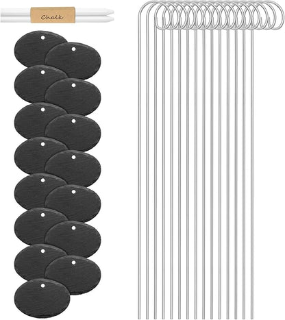 Navaris Slate Plant Labels (15 Pieces) - Garden Marker Label Signs with Stakes - Markers for Plants, Vegetables, Herb Gardens - with Chalk Pencils - Oval