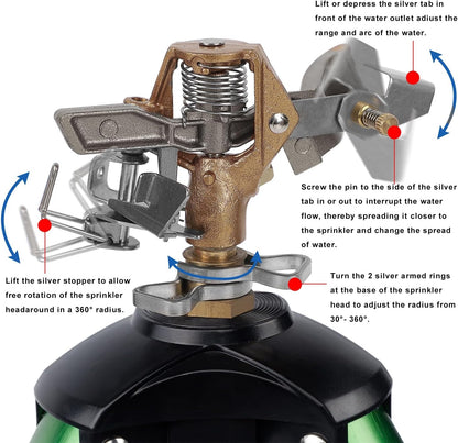 Biswing Impact Sprinkler Head on Tripod Base, Heavy Duty Lawn Sprinklers, 360 Degree Large Area Irrigation, Brass Sprinkler Nozzle & Solid Alloy Metal Extension Legs Flip Locks, 1 Pack