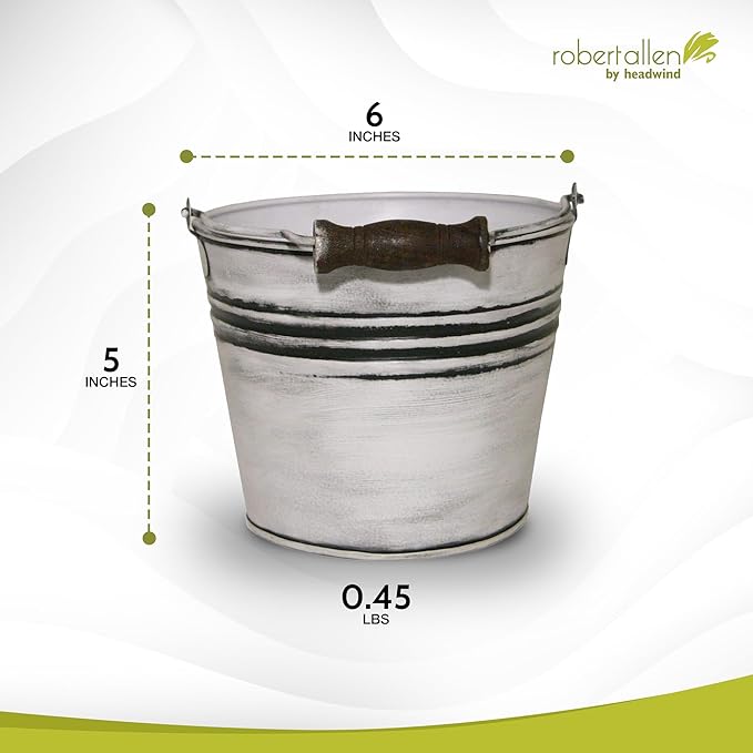 Headwind Vintage Collection - 6 Inch Rustic White Banded Planter with Handles – Galvanized Bucket Planter - Decorative Small Planters for Indoor Plants & Outdoor Use by Robert Allen