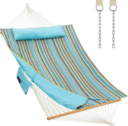Outdoor Double Hammock with Hardwood Spreader Bars, Large Rope Hammock with Polyester Pad and Pillow, 475 LBS Capacity for 2 Person Patio Backyard Poolside - Bule Stripe