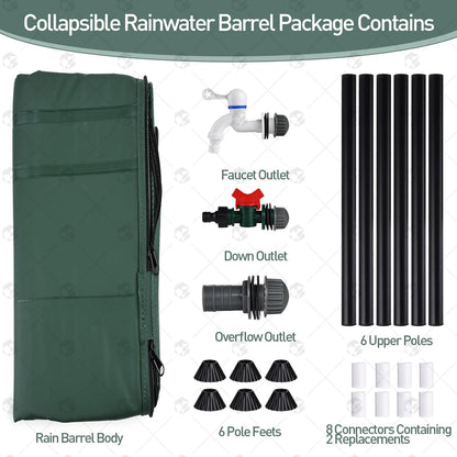 2Pcs 53 Gallon Collapsible Rain Barrel Kit with 12 Half Poles, 200L Protable Rain Water Collection Barrel with Zipper, 1000D Oxford Rain Catcher Barrel System Garden with 1 Spigot and 2 Overflow