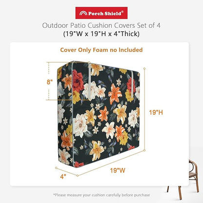 Porch Shield Outdoor Cushion Slipcovers Patio Chair Seat Cushion Covers Set 4 Waterproof Fade Resistant 19 x 19 x 4 inch, Floral Black