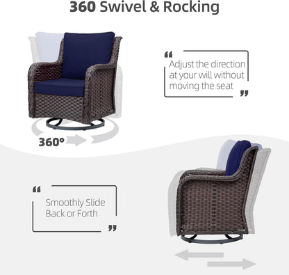 Towallmark Outdoor Swivel Wicker Glider Patio Chairs with Table Set, 3 Pieces Outdoor Bistro Set with 4”Thick Cushions and Coffee Table for Porch, Balcony, Deck (Blue)