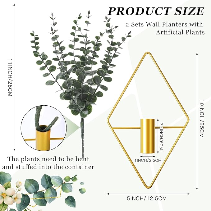 Jexine Hanging Planters with Artificial Eucalyptus Metal Hanging Vase Indoor Plants Holder Modern Geometric Boho Bathroom Wall Decor for Living Room Home Office(Gold,4 Pcs)